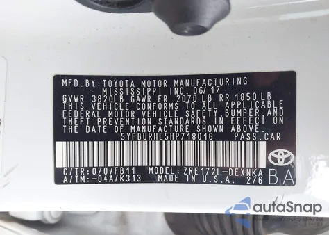 2017 Toyota Corolla Le from USA, damaged, VIN 5YFBURHE5HP718016